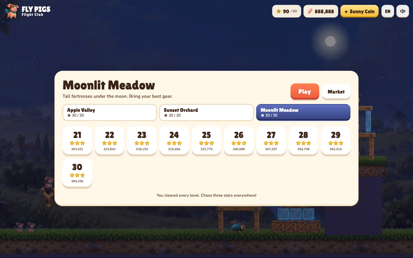 FLY PIGS Moonlit Meadow map with all levels at three stars