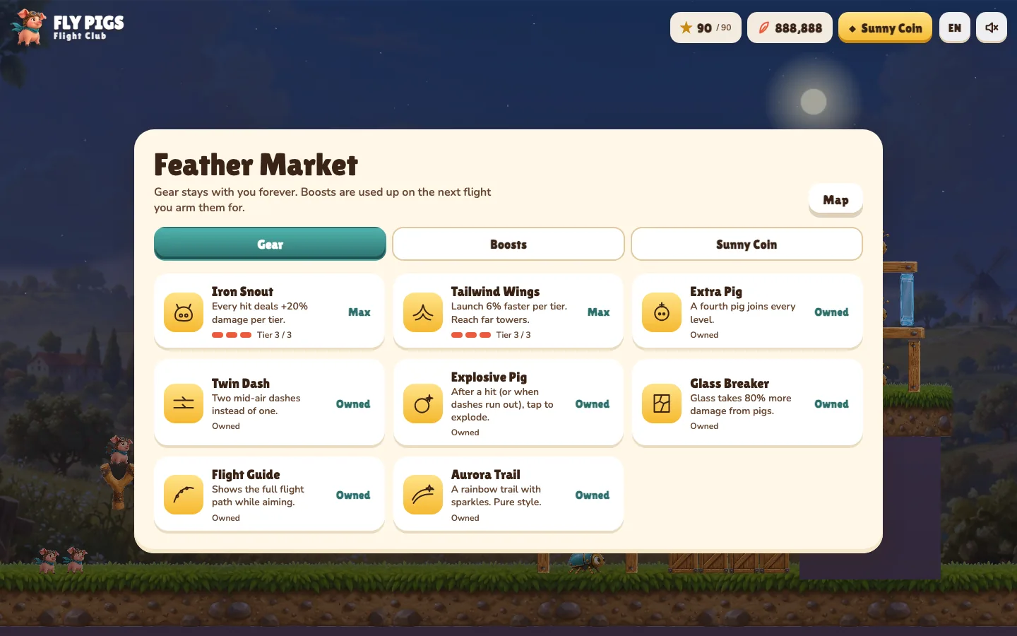 FLY PIGS Feather Market with all upgrades owned